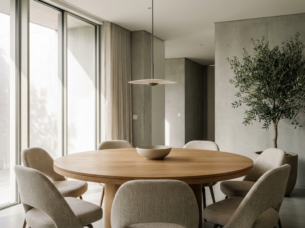 Modern dining room with round wooden table
