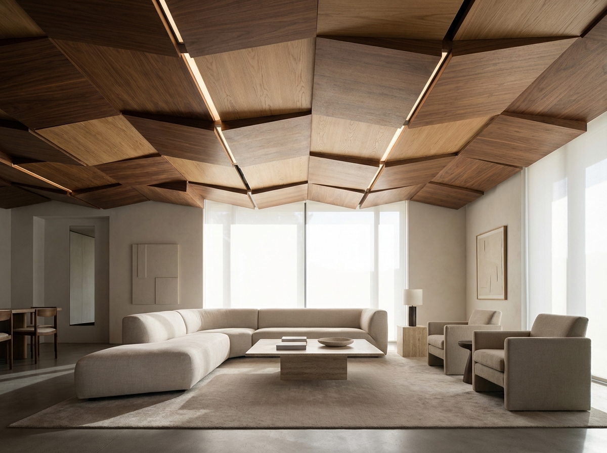 Contemporary interior with geometric ceiling patterns