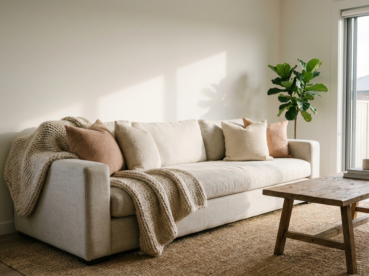 Modern living space with cozy sofa and textured throw